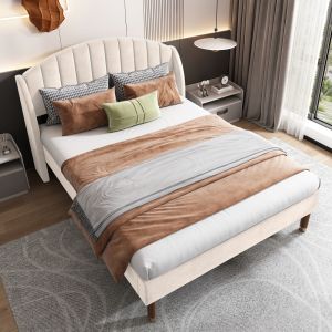 Cama estofada 140x200cm com estrado e cabeceira veludo – bege
