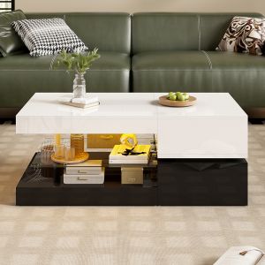 Mesa de centro, LED, tampo branco com base preta
