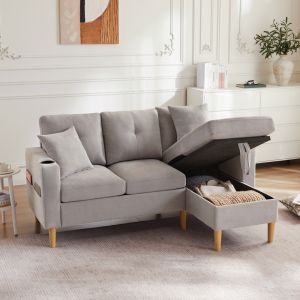 Sofá chaise longue em l 3 lugares cinzento claro com arrumação