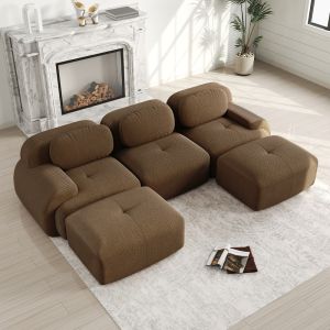 Sofá canto modular sem montagem braços curvos veludo cotelê marrom