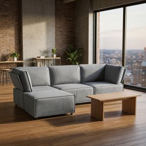 Sofá modular de canto conversível em tecido cinzento claro