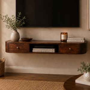 Artisan furniture consola flutuante de madeira maciça lunar com 2 gavetas