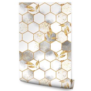 Papel de parede sala de estar hexágonos mármore abstração