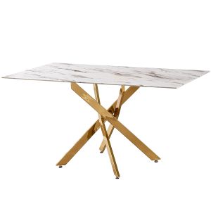Mesa de jantar de vidro, mármore artificial, pés de aço inoxidável