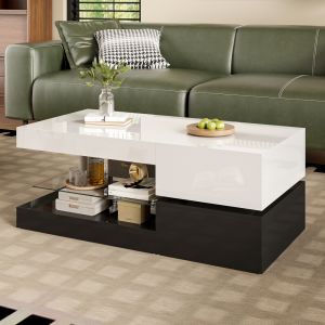 Mesa de centro com LED e prateleira de vidro preto branco 36x90x45cm