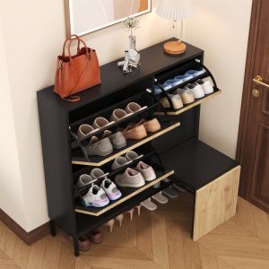 Sapateira com banco retrátil e 3 portas preto natural 100x100x25cm