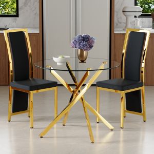 Conjunto mesa e cadeiras de jantar em vidro e pu preto e dourado
