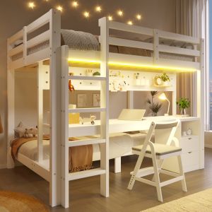 Cama alta 140x200cm com secretária gavetas e painel pinho branco