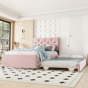 Cama 90x200cm com cama extraível, estrado de ripas e arrumação, rosa