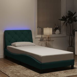 Cama c/ luzes LED 90x200 cm veludo verde-escuro yht7199