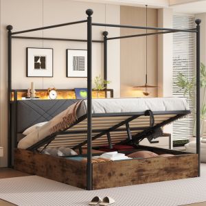 Cama de ferro com dossel e arrumação 90x190cm com LED e usb – preta