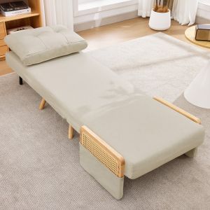 Poltrona cama dobrável em linho bege 1 lugar com encosto ajustável