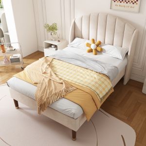 Cama estofada 90x200cm com estrado e cabeceira veludo bege