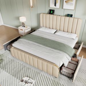 Cama estofada 160x200cm com arrumação e usb linho – bege