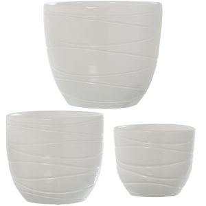 Conjunto de 3 vasos de cerâmica branca brilhante.