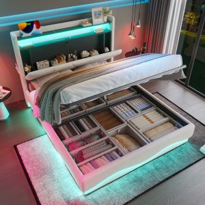 Cama estofada 160x200cm com arrumação LED usb veludo sem colchão – bege