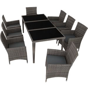 Tectake 9 peças, conjunto jardim, rattan, alumínio, almofadas, cinzento