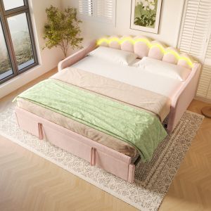 Cama estofada 90x200cm extensível com luzes LED veludo – rosa