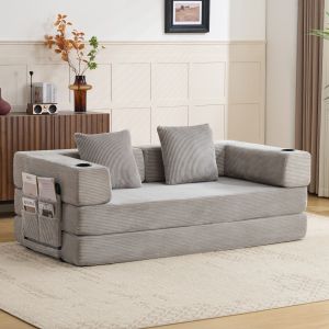 Sofá-cama dobrável de chão cotelê cinzento claro 2 lugares com bolsos