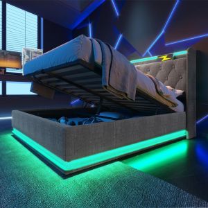 Cama de casal LED 360° com arrumação hidráulica 140x190cm, cinzento