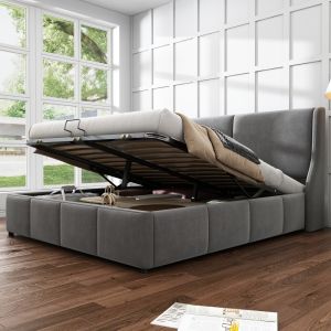 Cama estofada 140x200cm com arrumação veludo – cinzento