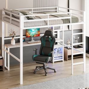 Cama alta 140x200cm com secretária, prateleiras, tomadas metal – branco