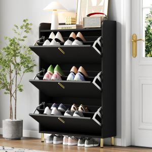 Sapateira estreita com 3 portas basculantes preto 123,5x80x23,5cm