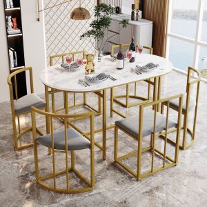 Conjunto mesa e cadeiras de jantar 6 lugares mdf dourado branco