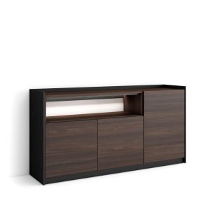 Aparador sala de jantar, 156x37x80cm, carvalho escuro e preto, LED rf4919