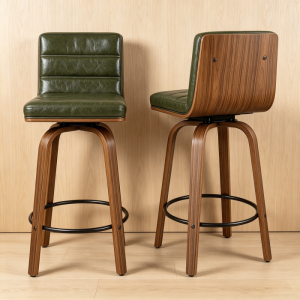 Silla de bar giratoria verde en piel sintética con base de madera