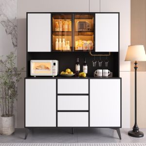 Armário alto vitrine LED 2 portas 3 gavetas preto branco 160x120x40cm