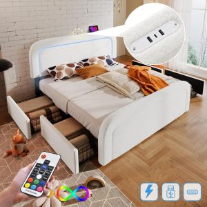 Cama 160x200cm com cabeceira regulável, usb-c, LED, 4 gavetas branco