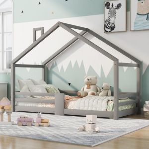 Cama infantil casa 90x200cm madeira maciça com grade e sommier cinza