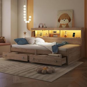 Cama sofá 90x200cm com LED, 2 usb, 2 tomadas, gavetas, natural