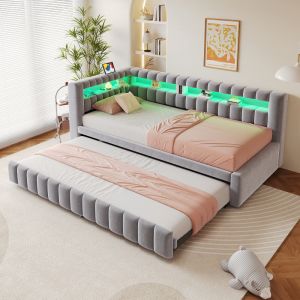 Sofá cama estofado 90x200cm com LED e arrumação veludo – cinzento claro
