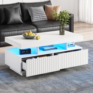 Mesa de centro com LED e 2 gavetas branco 45x100x50cm