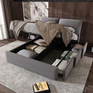 Cama estofada 140x190cm com arrumação hidráulica veludo – cinzento