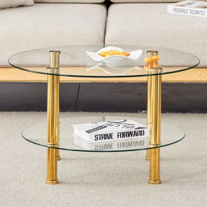 Mesa de centro redonda de 2 níveis vidro e metal dourado 42x70x70cm