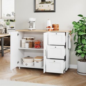 Ilha de cozinha dobrável 2 portas e 3 gavetas branco natural 90x135x70cm