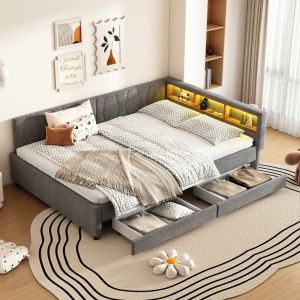 Cama divã 140x200 cm em linho cinzento com LED usb tipo c e gavetas