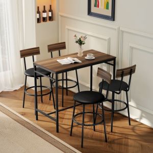 Conjunto de mesa alta com 4 bancos em madeira castanha estilo industrial