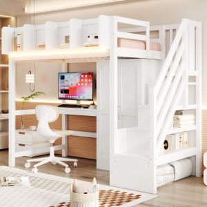 Cama alta 90x200cm com secretária roupeiro e arrumação madeira – branco
