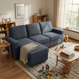 Sofá de canto com chaise longue arrumação poliéster cinzento escuro 245,5cm