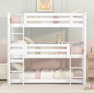 Beliche triplo infantil 90x200cm pinho branco com guarda-corpo, escada