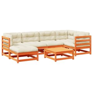 vidaXL set de sofás jardín 7 pzas con cojines madera pino marrón cera