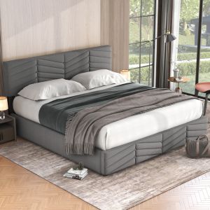 Cama estofada 180x200cm com arrumação e cabeceira ajustável veludo cinzento