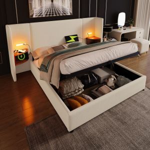 Cama estofada 160x200cm com arrumação e luz de leitura linho – bege