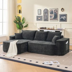 Sofá de canto em chenille preto com chaise longue modular 4 lugares