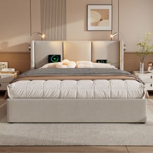 Cama de casal 180x200cm com arrumação luz de leitura e porta usb linho bege