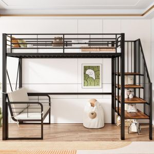 Beliche metálico 90x200cm com sofá e escada arrumação preto